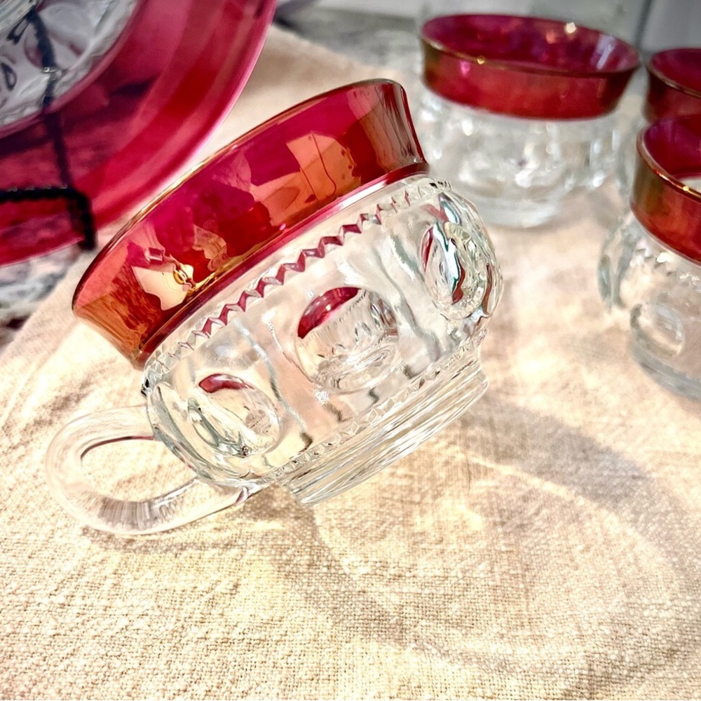 Stunning 1940s Tiffin Franciscan Kings Crown Thumbprint Ruby Red Flashed 8pc Set - Picture 6 of 16
